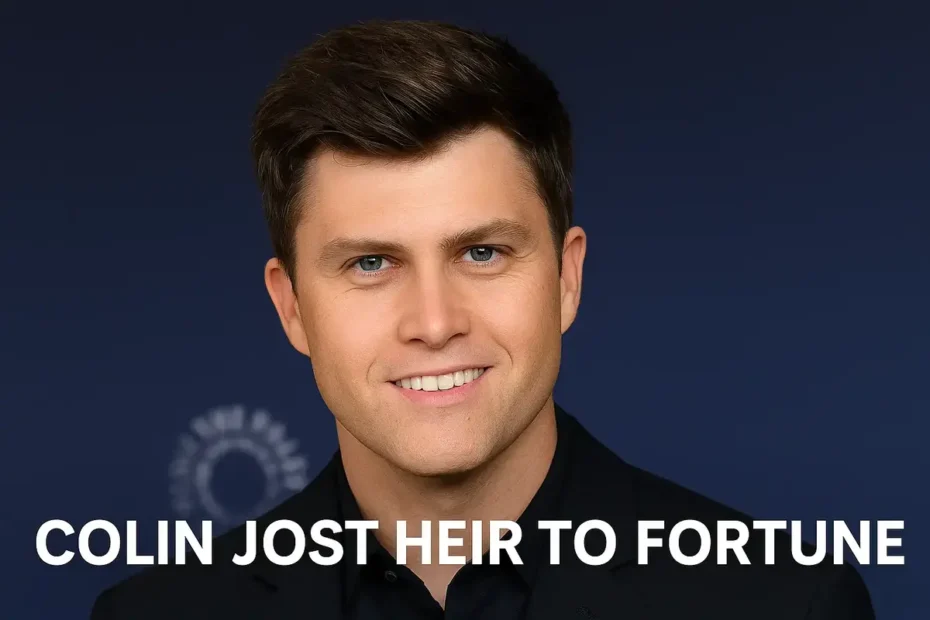 Colin Jost smiling in a suit with a dark blue background, featuring the caption "Colin Jost Heir to Fortune.