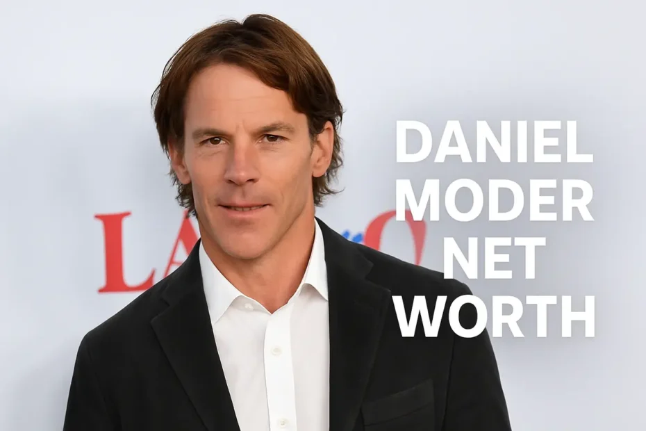 Daniel Moder net worth featured image showing Daniel Moder in a blazer at a red carpet event with bold white title text.